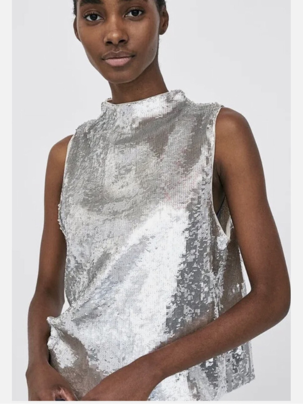 Zara Knit Sleeveless High Mock Neck Full Sequin Top Vest Silver Trinny London L